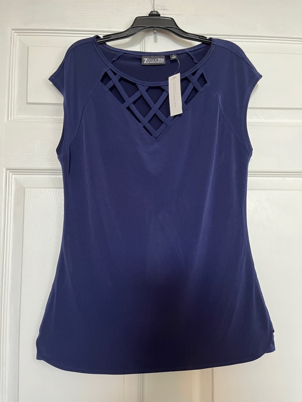 NY&C 7th Avenue Navy Blue Lattice Detail Blouse - Cap Sleeve - Womenβs M